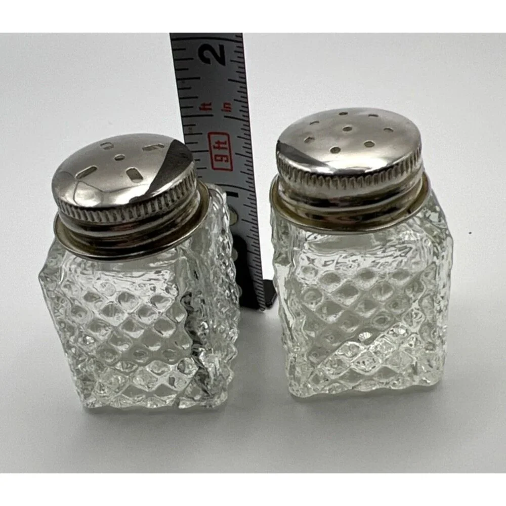 Vintage Mini Salt & Pepper Shakers With Silver Plated Tray No Cracks/Chips